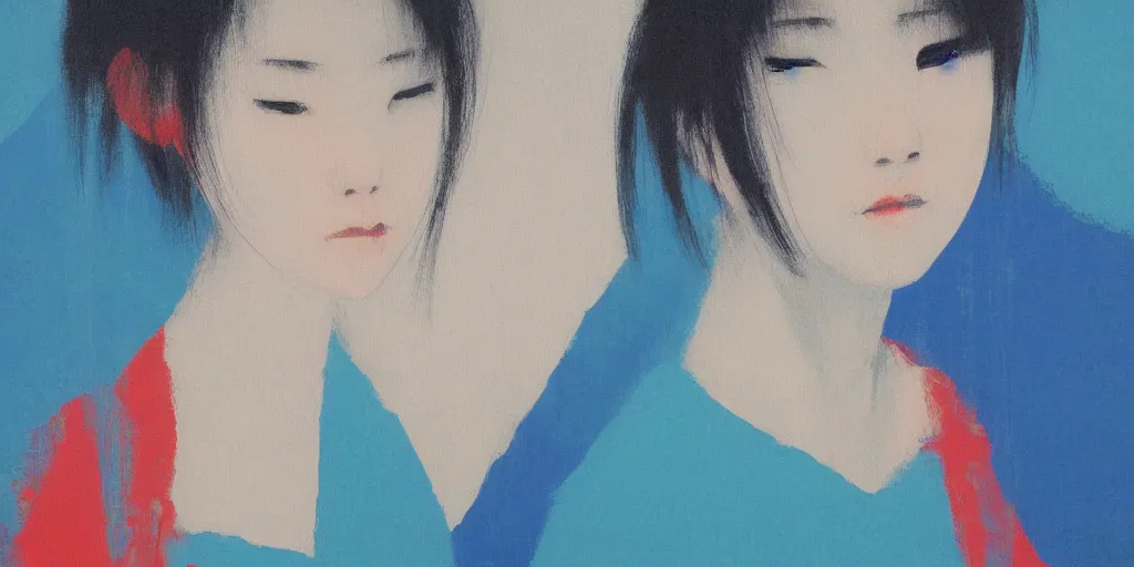 Image similar to painting of a girl by Yoshitomo Nara, azure tones, red color bleed