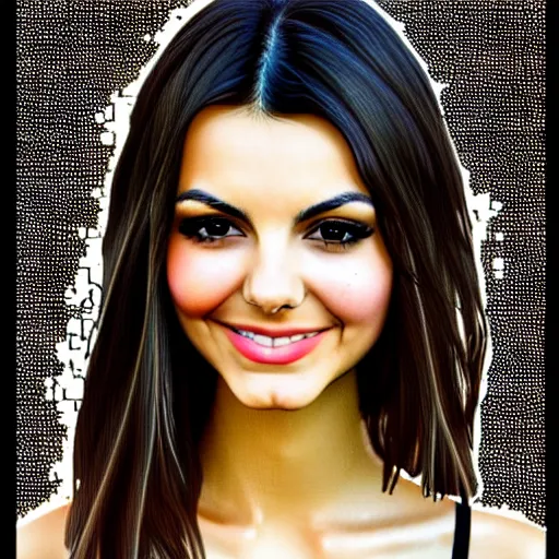 Image similar to one face shot of victoria justice made out of jalapenos by 5 randomly selected famous illustrators. vastly enriched image quality. lucidly vivid. iridescentally detailed. extremely elegant and beautiful.