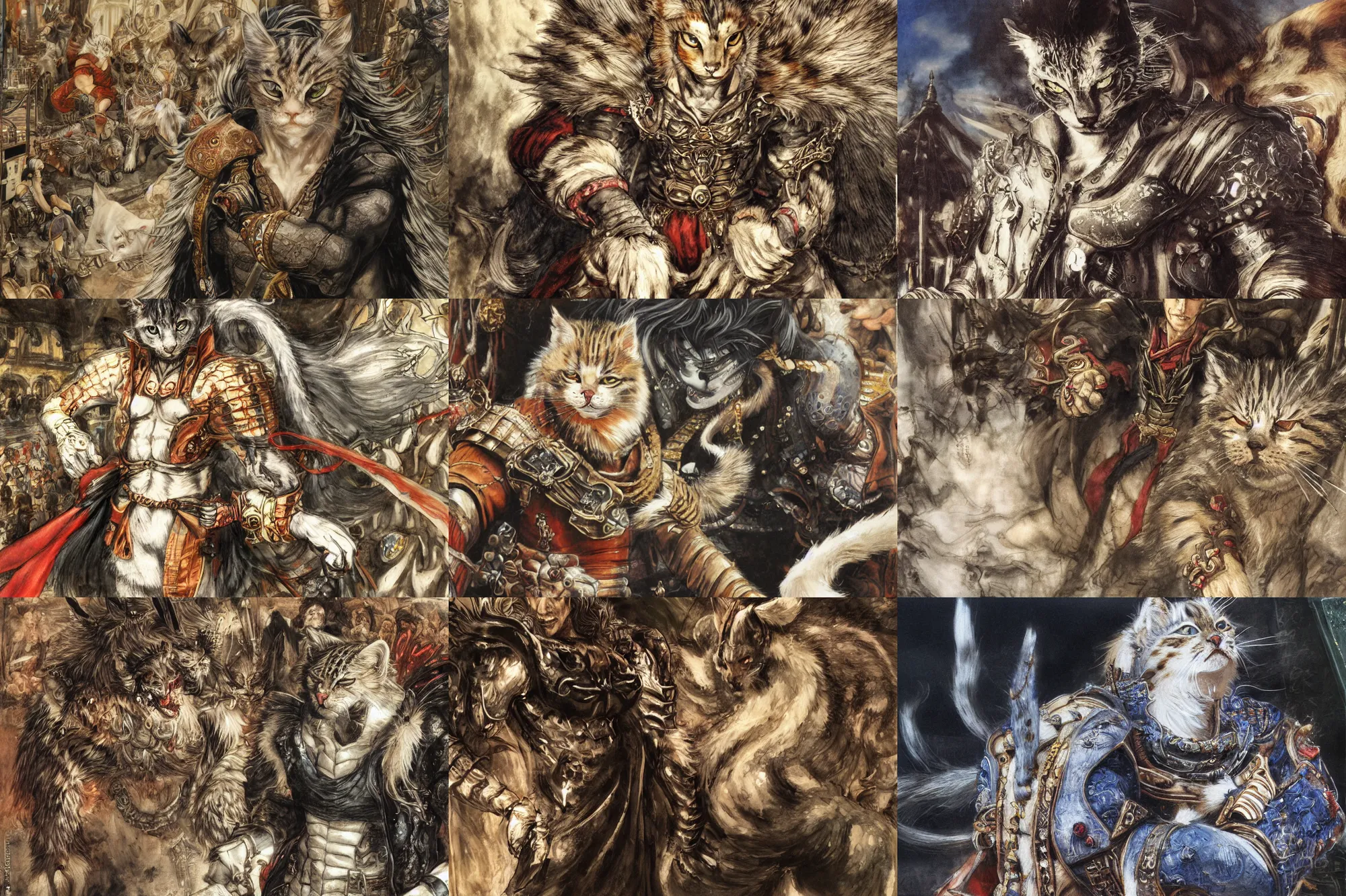 Prompt: 8k Yoshitaka Amano painting of upper body of a young cool looking feline beast-man with white mane at a medieval market at windy day. Depth of field. He is wearing complex fantasy clothing. He has huge paws. Renaissance style lighting.