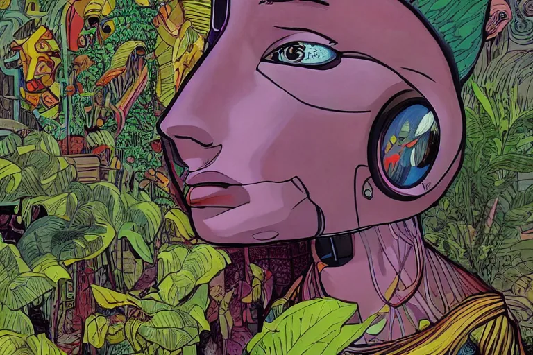 Image similar to gigantic robot - girl head floating in the space, a lot of exotic plants, trees, flowers, oldschool vintage sci - fi flat surreal grainy design, super - detailed, painting by art spiegelman, hd, 4 k, high quality