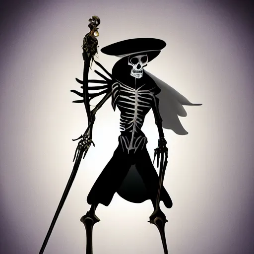 Image similar to DND character, skeleton, Tall skeletal figure, wearing a deep black suit and tie and top hat. golden cane in his right. Light blue flames envelop his whole body