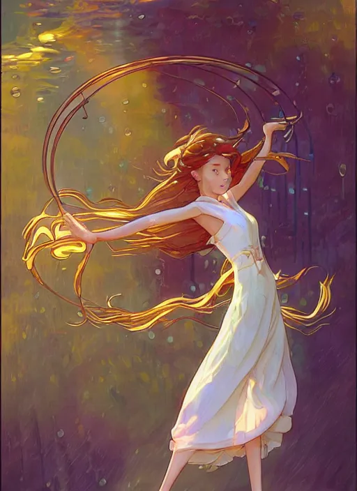 Image similar to well - lit art nouveau portrait of a 1 3 - year old girl dancing in the rain, natural lighting, path traced, highly detailed, high quality, cartoon, digital painting, by don bluth and ross tran and studio ghibli