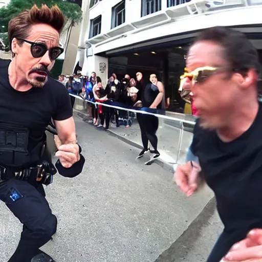 Image similar to bodycam photo of robert downey jr. running from a police officer, wide angle, fisheye, uhd, 8 k, bodycam, award winning,