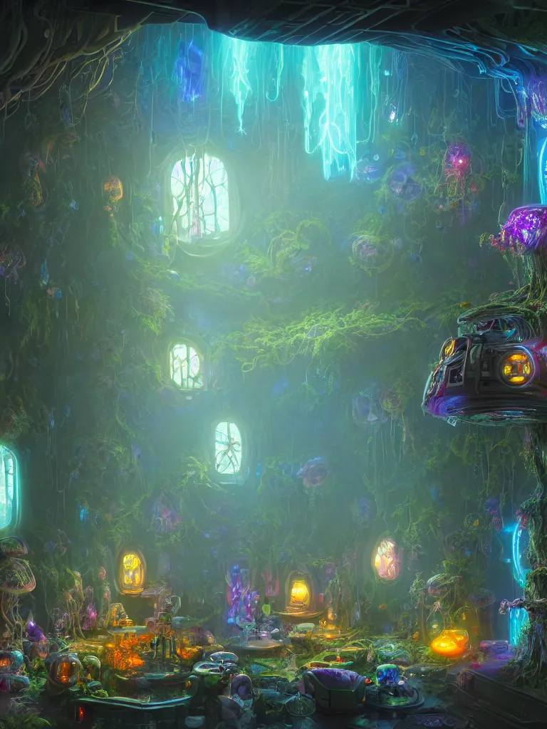 Image similar to the interior of a celestial dainty cyberpunk cottage in a bioluminescent tree trunk decorated beautifully, lots of cyberpunk design elements like toadstool mushrooms and small robots, warm sunlight shining in, lots of plants and flowers, concept art 8 k resolution, fantasy illustration, sharp focus, detailed painting, deep color, volumetric lighting, crepuscular rays