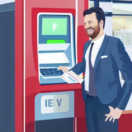 Image similar to hyperrealistic painting image where a happy businessman appears behind a ticket printing machine