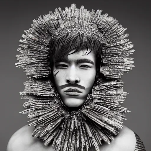 Image similar to a portrait of a beautiful young male wearing an alexander mcqueen armor made of ashes , photographed by andrew thomas huang, artistic