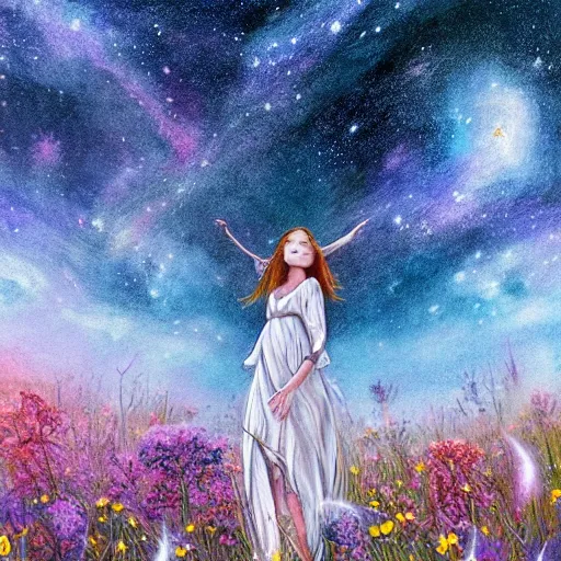 Prompt: breathtaking beautiful mystical illustration of a girl standing in a field of wild flowers gazing up at night sky, stars and milky way and moon, extreme foreshortening, bottom - up perspective, by akageno saru and thomke meyer and julia plath, trending on artstation, ballpoint, ultramarine and white