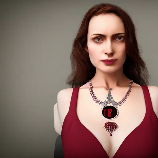 Prompt: ultra - photorealistic, a portrait of a woman that only shows her neck and chest, with a pendant with the letter p, and also shows the dress she is wearing, ultra - photorealistic, 4 k, 8 0 0 mm, uhd. winning photo of the year