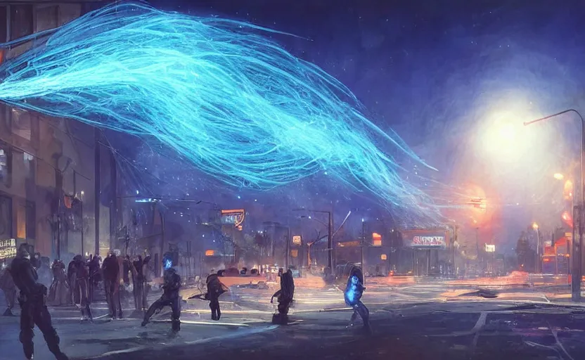 Image similar to people with posters attacking cops, a huge blue spiral - shaped white luminous attractor is floating on the horizon near the sun, stores in los angeles with light screens all over the street, concept art, art for the game, professional lighting, dark night lighting from streetlights, by ilya repin