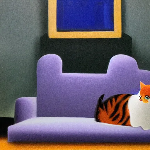 Prompt: cat sitting on sofa watching TV in night by Stephen Mcmennamy