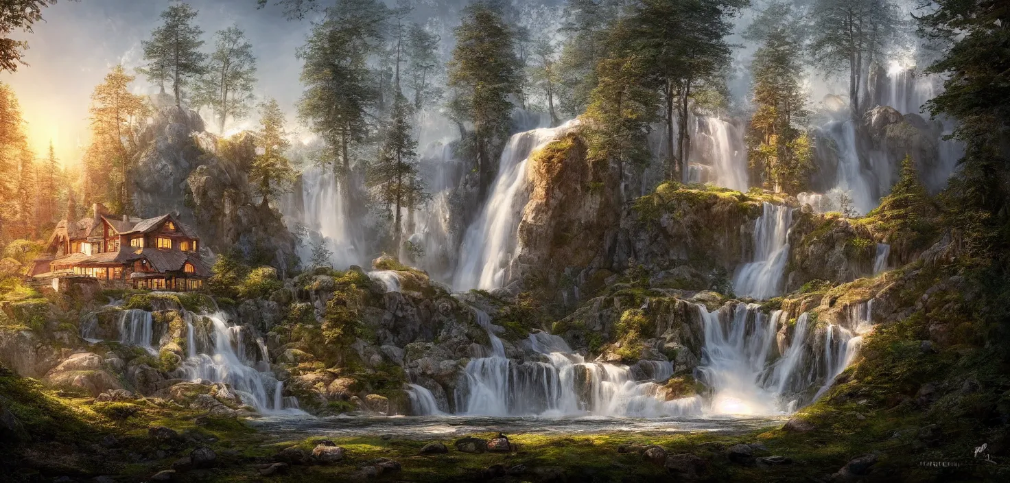 Image similar to beautiful large scandinavian house in the forest on a hill, a large waterfall flows down from the mountain in the background, vwctor art, fabulous, hyper detailed, random cinematic view, no noise, global illumination, warm lighting, volumetric, godrays, vivid, by jordan grimmer