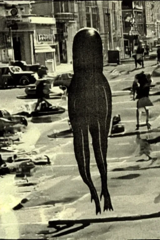 Prompt: still from vhs footage of squid! cryptid floating!! down street