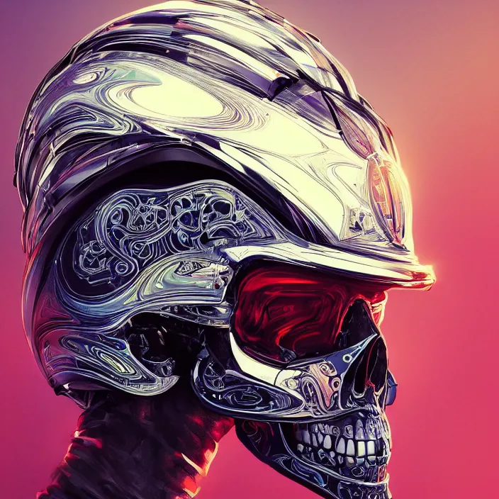 Image similar to portrait of a skull in a racing helmet. intricate abstract. intricate artwork. by Tooth Wu, wlop, beeple, dan mumford. octane render, trending on artstation, greg rutkowski very coherent symmetrical artwork. cinematic, hyper realism, high detail, octane render, 8k, iridescent accents