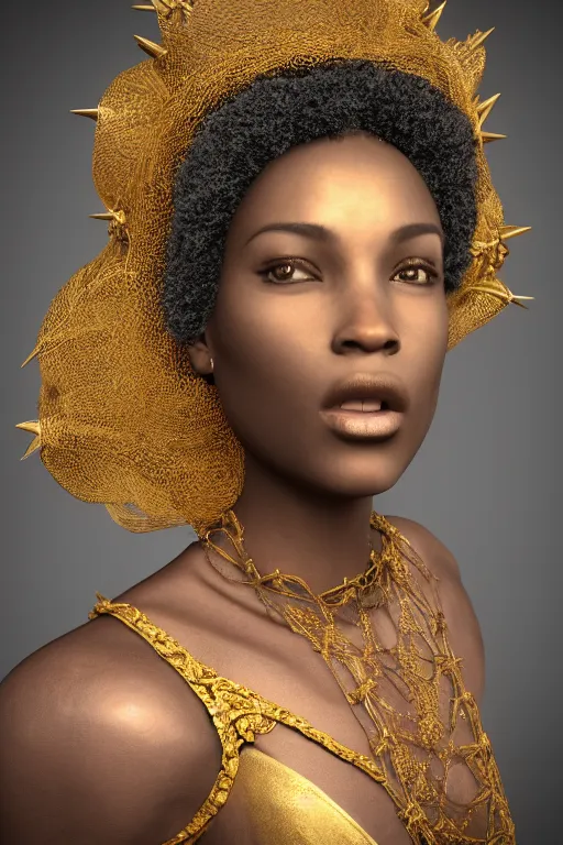 Prompt: a beautiful intricate Renaissance photographic portrait of a saintly charcoal skinned woman with an afroamerican hair wearing a gold spiked crown and a see-through lace cloth draped over her feminine body, 4k, 8k, 3d render, unreal engine, octane renderer, brilliantly coloured, intricate, ultra wide angle, trending on artstation, dusk, volumetric lighting, polished, micro details, ray tracing