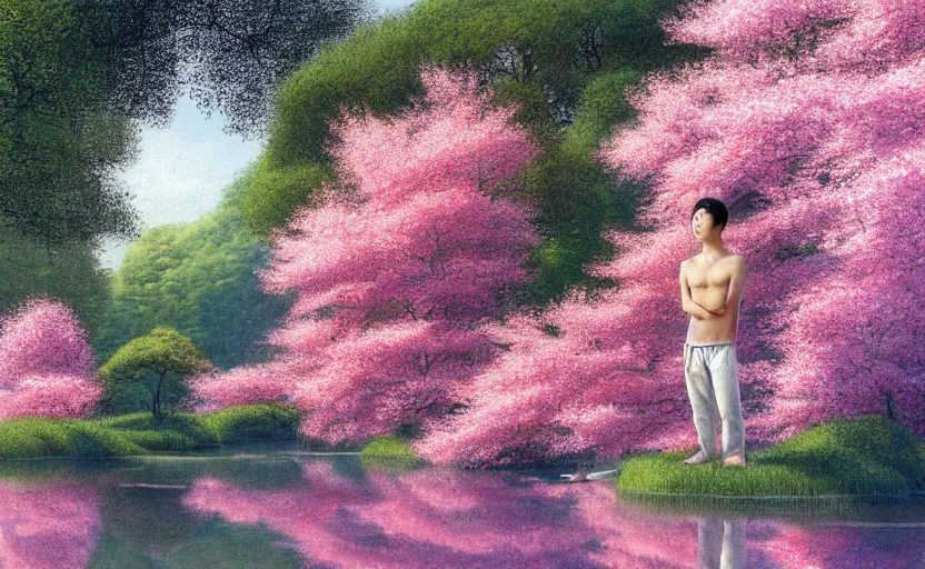 Image similar to harmony of pink haired young asian man backlit staring at black haired young asian man from across a pond, love at first sight, by alan lee, muted colors, springtime, colorful flowers & foliage in full bloom, sunlight filtering through trees & skin, digital art, art station cfg _ scale 9