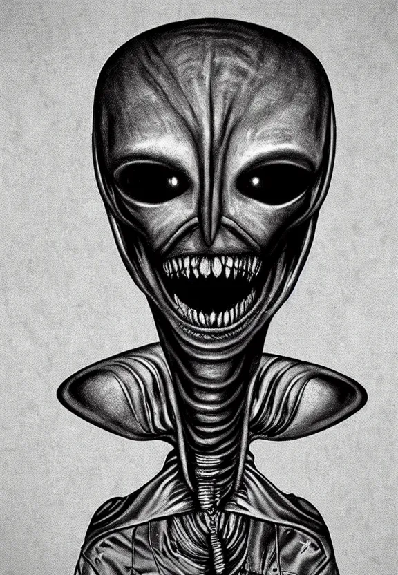 Image similar to one famous person, simple, simplicity, subgenius, x - day, aliens, weird stuff, occult stuff, knives, giger ’ s alien, illuminati, muted colors, hyperrealism