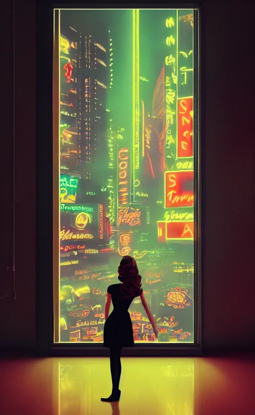 Prompt: vertical movie frame portrait of girl in 6 0's retro restaurant interior, neon - decorated urban on night in the city seen through the window, modern interior design, architectural design, vintage, night blade runner, dark, postapocalyptic, clean lines, 4 k, octane, asian futuristic city at distance, big windows, octane, wide angle