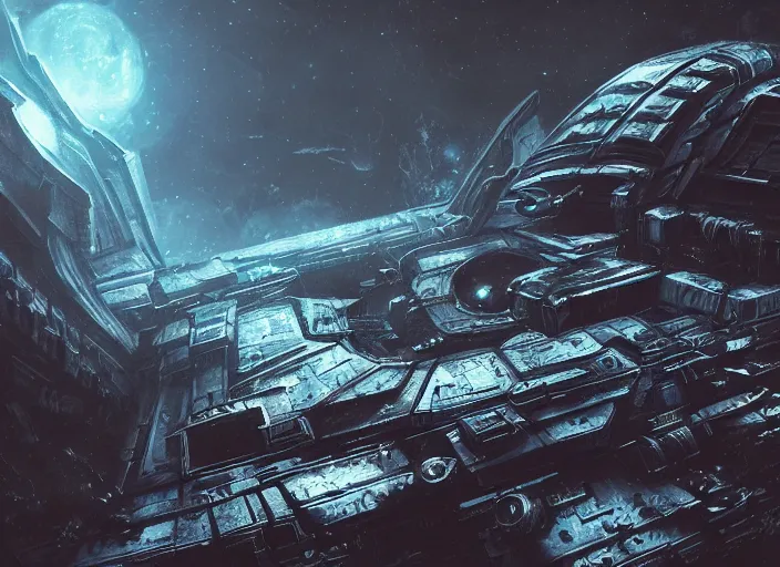 Image similar to spaceship flying in dark space, dark space, warhammer 40k artwork, dead space artwork, horror, sci-fi, action shot, cyberpunk, industrial, old, unreal engine 5, photorealistic, detailed, old, desolate, , sleek, futuristic, alien, white, blue, purple, trending on artstation, detailed, intricate, steampunk