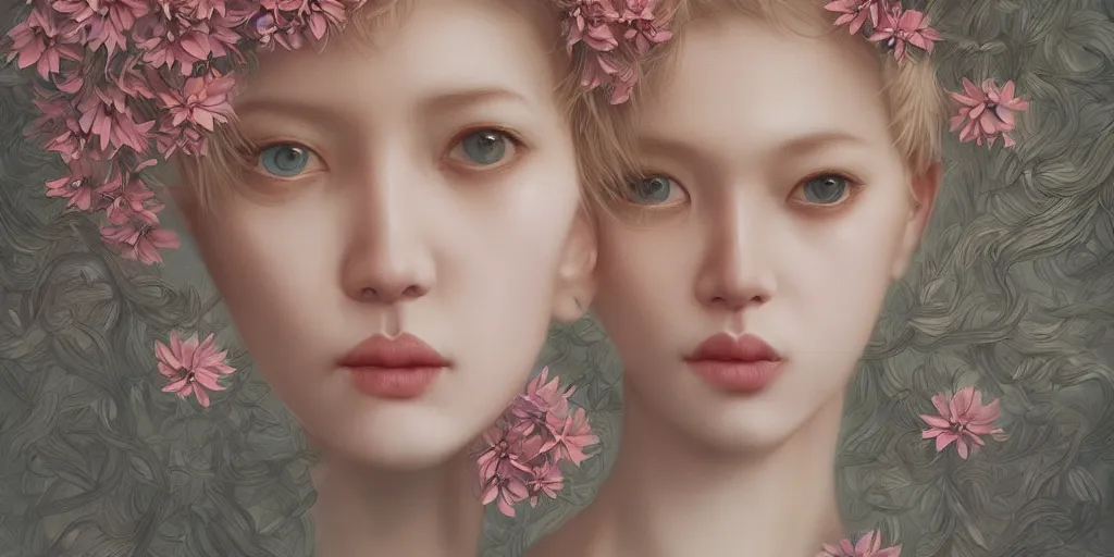 Image similar to breathtaking detailed concept art painting pattern of blonde short hair faces weird girls with anxious piercing eyes and blend of flowers, by hsiao - ron cheng, bizarre compositions, exquisite detail, extremely moody lighting, 8 k