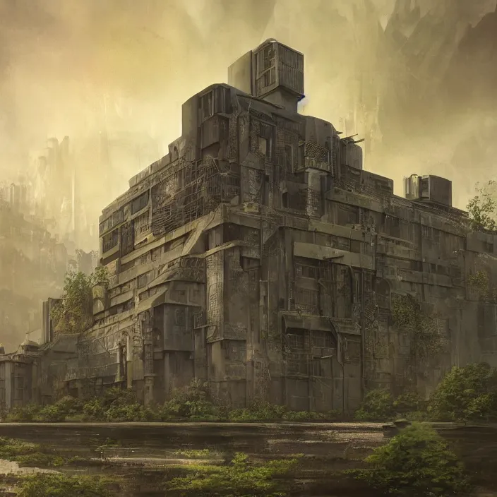 Image similar to a building in a serene landscape, dieselpunk