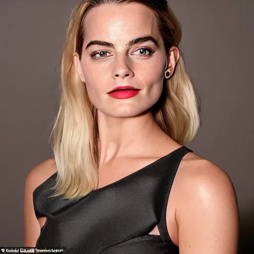 Image similar to a woman who is a genetic combination of margot robbie and emma watson face and upper - body focus