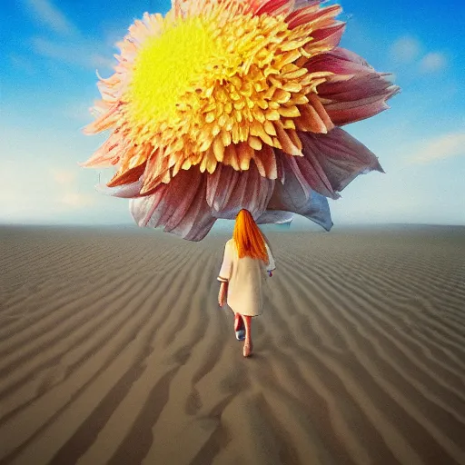 Image similar to closeup giant dahlia flower under the head, girl walking between dunes, surreal photography, sunrise, blue sky, dramatic light, impressionist painting, digital painting, artstation, simon stalenhag