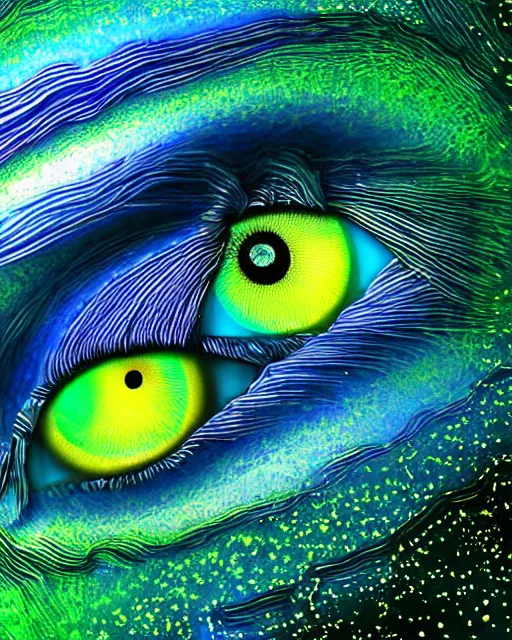 Prompt: a green eye with cobalt iris reflecting a sky full of stars, hyper realistic, fractal algorightmic art, art station, coherent design, symmetrical, vivid color, complementary color, golden ratio, detailed, sharp lines, intricate, rainbowshift, in unreal 3 d engine, nvidia optix, ray tracing, octane render