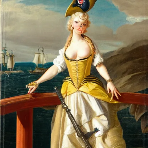 Prompt: a beautiful, fierce, blonde, well - dressed, armed, pirate woman, standing on the deck of her ship, realistic, hyperdetailed, 8 k, 1 7 3 0 s oilpainting
