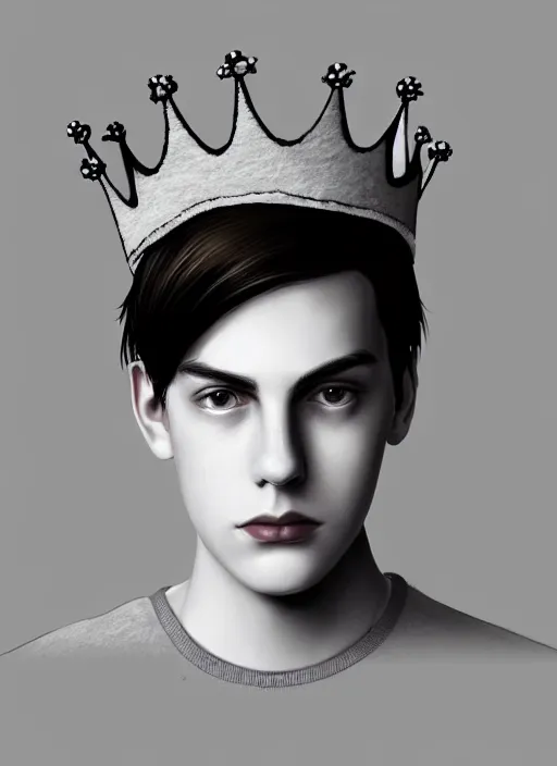 Prompt: portrait of teenage jughead jones wearing a light grey crown, photorealistic, crown made of fabric, simple crown, crown made of felt, black hair, intricate, elegant, highly detailed, digital painting, glowing lights, artstation, concept art, smooth, sharp focus, illustration, art by wlop, mars ravelo and greg rutkowski