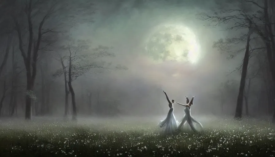 Image similar to dancers in white lit only by the moon, dancing across a flower meadow in the forbidden forest, the twilight dance of the fae by aleksi briclot, greg rutkowski and ivan aivazovsky, contemporary dancers dancing artistic photorealistic volumetric cinematic light, award - winning, atmospheric fantasy sky, oil painted surrealist abstract