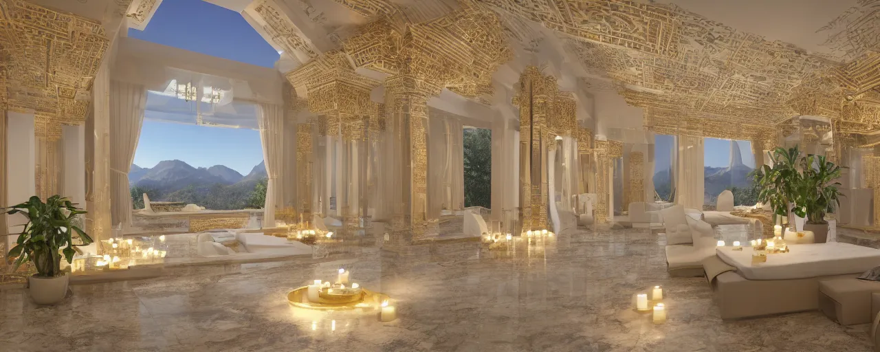 Image similar to 3 d render of a cinematic interior of a triple height hyper luxury spa with everything made of gold, candles, windows with view to desert mountains and river, beige stone marble floor with reflection, small wellness relaxation pool, potted plants, intricate hieroglyph detailed roof, contemporary design, fractal sacred geometry, 8 k, hyperrealistic, photorealism,