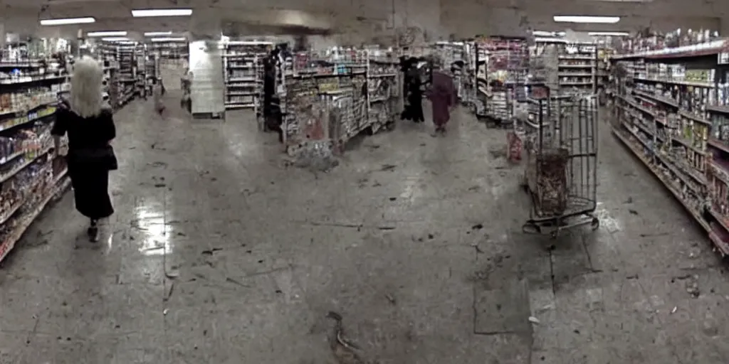 Prompt: elderly goblin women sneaking through abandoned grocery store aisle, screenshot of found footage, flash photography