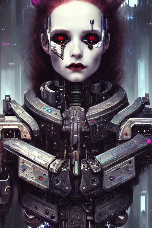 Image similar to portrait of beautiful young gothic cyborg maiden, cyberpunk, Warhammer, highly detailed, artstation, illustration, art by Gustav Klimt