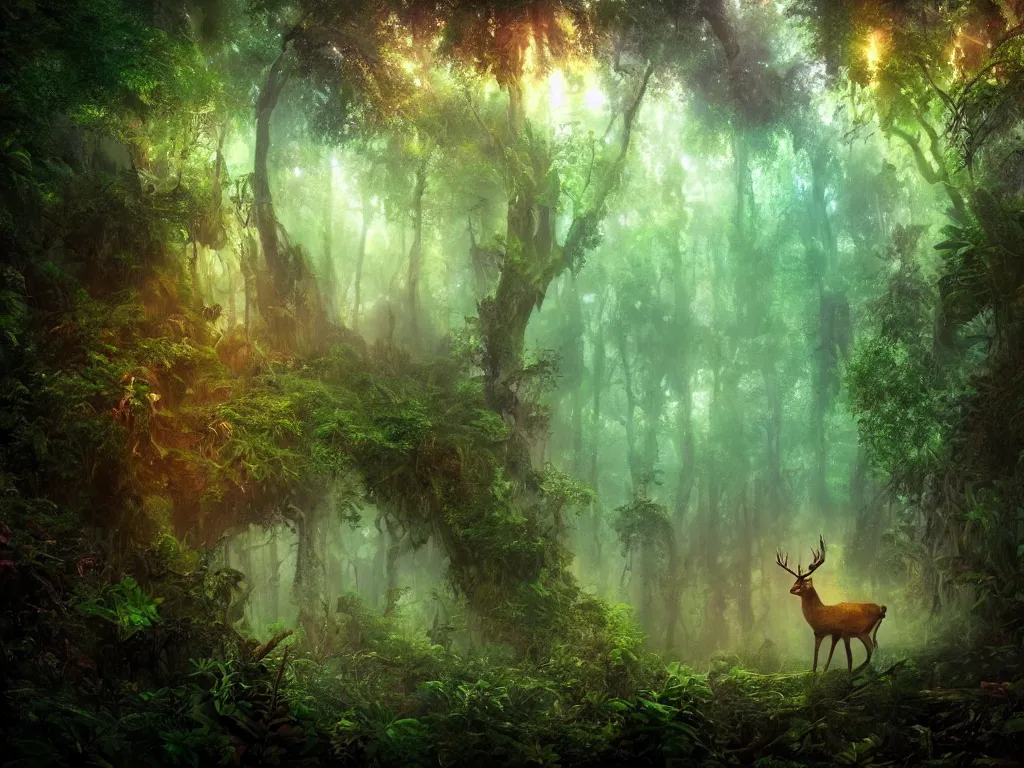 Prompt: a fantasy beautiful dense biorelevant rainforest setting, ultrawide angle, a deer radiating dramatic light, cinematic lighting, extremely emotional, extremely dramatic, surround it with pixie dust ether floating in the air, hdr, epic scale, cmyk, deep spectrum color