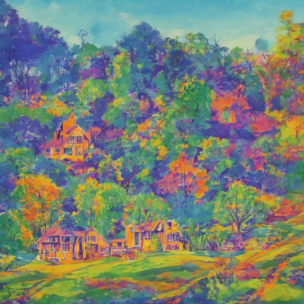 Image similar to beautiful painting of a house in a serene landscape, 60s kitsch and psychedelia