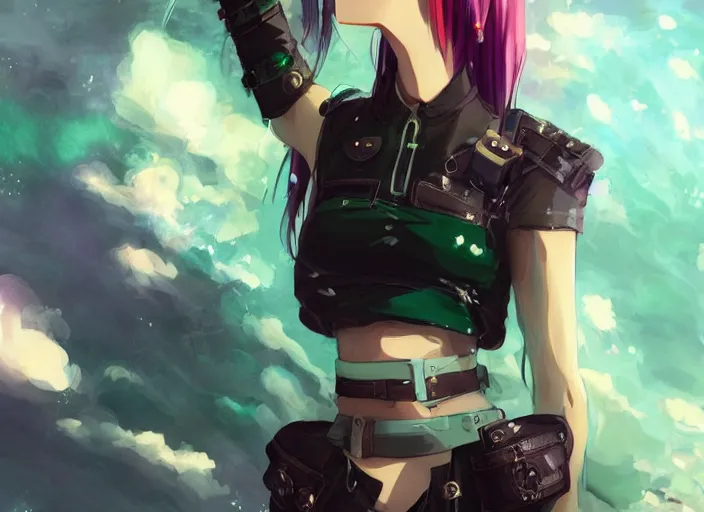 Prompt: green haired anime girl wearing a leather crop top, anime style, by makoto shinkai, by wenjun lin, digital drawing, gorgeous face, steampunk