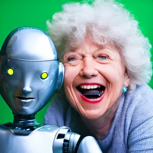 Image similar to grandmother as cyber robot laughing at jokes about country, hyper realistic, full details