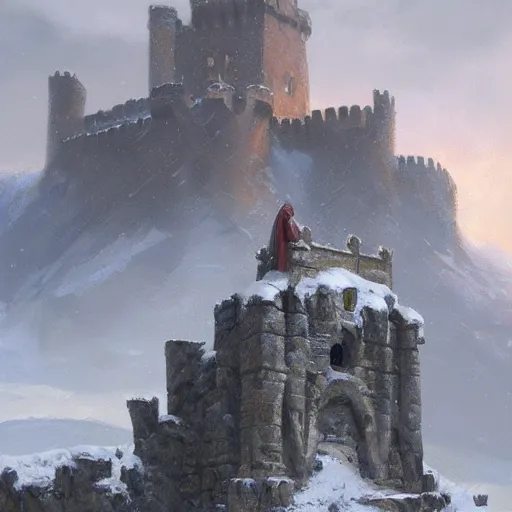 Prompt: A medieval castle on a cliff in the snow, 2 big stone statues at the entrance of the castle, fantasy, highly detailed, digital painting, artstation, concept art, illustration, art by Greg Rutkowski and Marc Simonetti