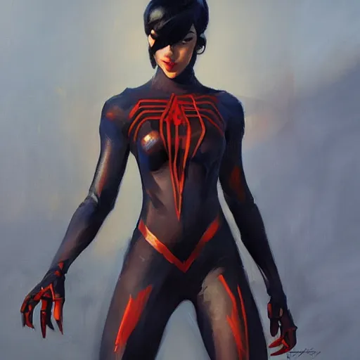 Image similar to greg manchess portrait painting of a dark female iron spiderman as overwatch character, medium shot, asymmetrical, profile picture, organic painting, sunny day, matte painting, bold shapes, hard edges, street art, trending on artstation, by huang guangjian, gil elvgren, ruan jia, greg rutkowski, gaston bussiere