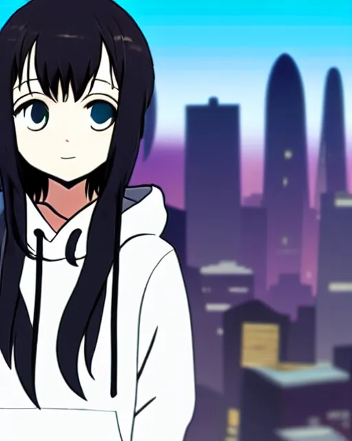 Image similar to black haired girl wearing hoodie, detailed city background, anime by shinkai makoto