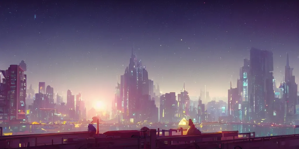 Prompt: a prosperous and evil modern city under the starry sky in the dark. a wholesome animation key shot, covered by nature hipster vibes by studio ghibli, animation, sharp, rendered in unreal engine 5, focused, anime key art by greg rutkowski, bloom, dramatic lighting