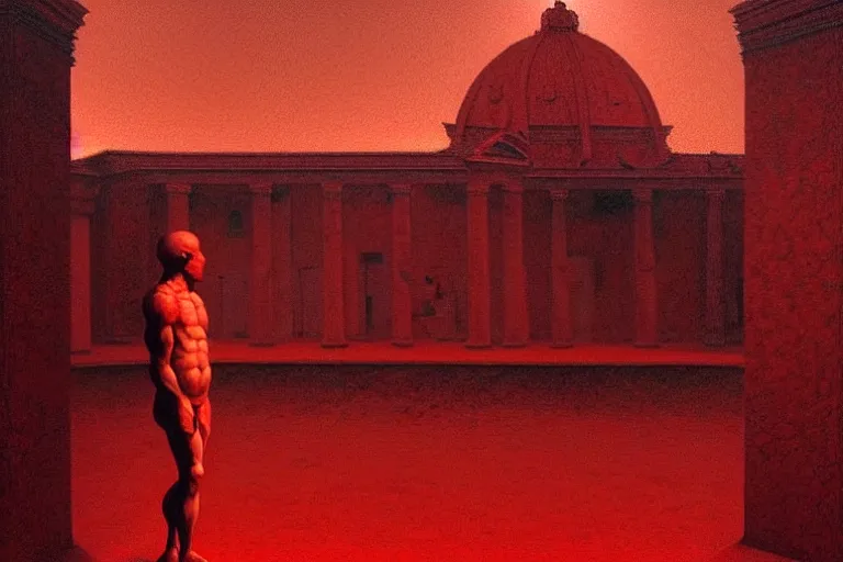 Image similar to only with red, caesar after war, the great deal, a red tiger, in hoc signo vinces, rome in background, an ancient path, in the style of beksinski, part by hopper, part by rodcenko, part by hofbauer, intricate composition, red by caravaggio, insanely quality, highly detailed, masterpiece, red light, artstation