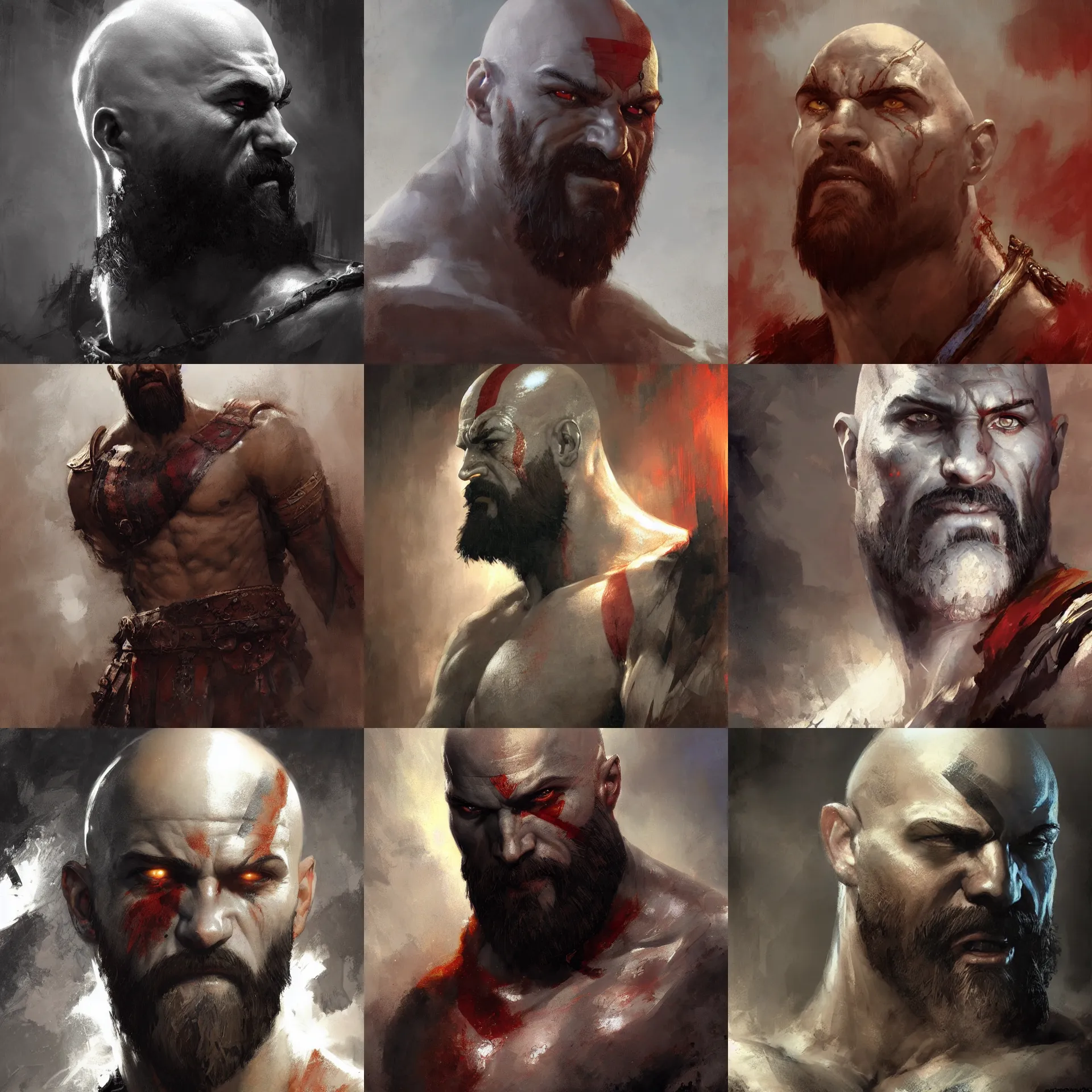 Prompt: kratos painted by craig mullins and gaston bussiere and greg rutkowski, dramatic lighting, symmetrical facial features, symmetrical face, defined facial features