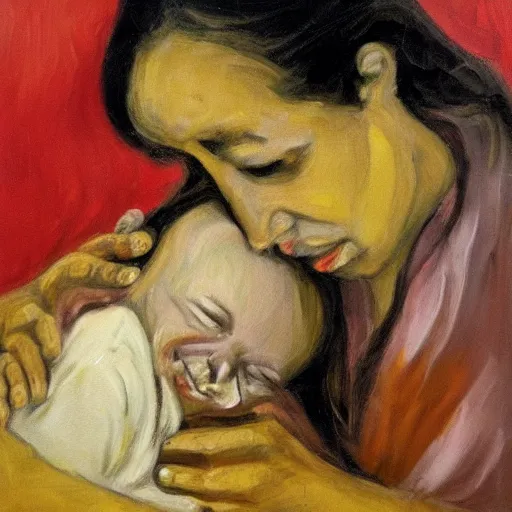 Prompt: mother crying and holding baby daughter weeping in despair in abstract oil paint