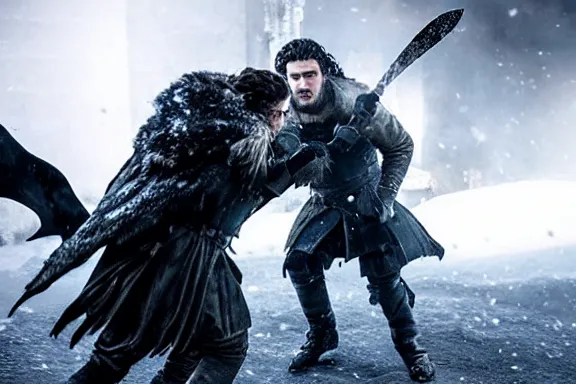 Image similar to very very intricate photorealistic photo of jon snow fighting the night king, photo is in focus with detailed atmospheric lighting, award - winning details