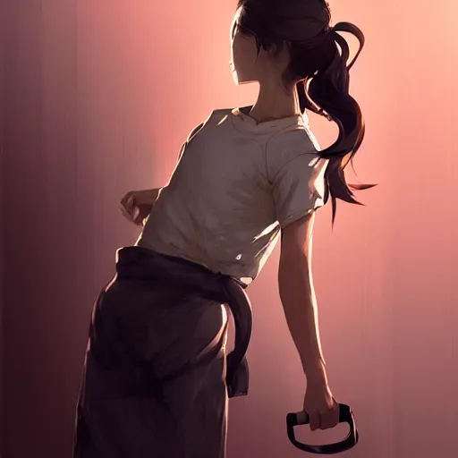 Prompt: portrait of a short muscular Japanese woman with a short ponytail wearing a gray t shirt and a work apron, dramatic lighting, illustration by Greg rutkowski, yoji shinkawa, 4k, digital art, concept art, trending on artstation