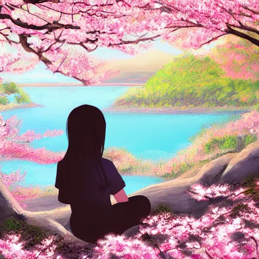 Prompt: Soft blur, digital art, anime, advanced digital art, girl sitting at the edge of a cliff overlooking a lake filled with sakura petals, light reflected on her face. —W 1024 —H 1024