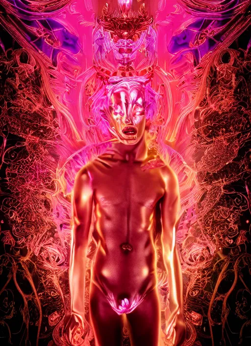 Prompt: photo of baroque and bladerunner delicate neon ruby sculpture of seductive albino king william levy tigers orange iridescent humanoid deity wearing metallic hoody made out of leaves holding the sun prismatic dungeon, glowing rainbow face, crown of white diamonds, cinematic lighting, photorealistic, octane render 8 k depth of field 3 d