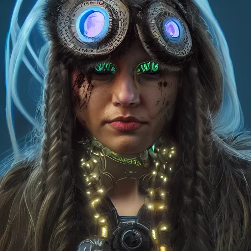 Image similar to detailed portrait of a futuristic sci - fi shaman in an impressive scene. extremely detailed. beautiful lighting. trending on artstation.