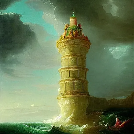 Image similar to a delicate ornate white fantasy tower with pink and green decoration splashes upwards from a turbulent ocean, dramatic lighting, rich colors, beautiful painting by Thomas Cole